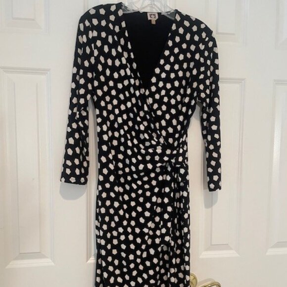 Anne Klein Faux Wrap ¾ Sleeve Black & White Geometric Print Dress – MEDIUM - Picture 1 of 16